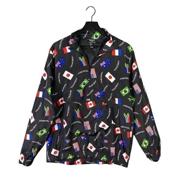 Forever 21 Windbreaker Jacket 1/4 Zip Mens Size Large‎ Flag Graphic Worldwide - Picture 1 of 10